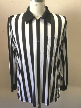 SMITTY, Black, White, Polyester, Stripes - Vertical , Long Sleeves, Pullover, Solid Black Collar Attached, Zip at Center Front Neck, 1 Patch Pocket, Black Cuffs