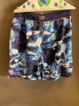 SIDE OUT, Navy Blue, Blue, Black, Polyester, Novelty Pattern, Sharks Printed All Over, Drawstring, 1 Zip Pocket At Thigh