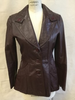 WILSONS , Dk Brown, Leather, Solid, Peek Lapel with a Button, Button Front, 2 Pockets, Long Sleeves, 2 Wedge Seams Back, Reddish-brown Lining