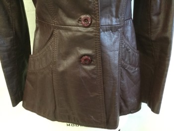 WILSONS , Dk Brown, Leather, Solid, Peek Lapel with a Button, Button Front, 2 Pockets, Long Sleeves, 2 Wedge Seams Back, Reddish-brown Lining