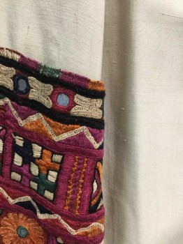 N/L, Ecru, Sienna Brown, Magenta Purple, Black, Multi-color, Silk, Geometric, Solid, Tan Solid Body, W/Multicolor Geometric Patterned/Textured Embroidered Cuffs, Collar + Hem W/Metallic Silver Mirrored Pieces, Wrap Closure W/Large Oversized Cream Plastic Button, Made To Order Reproduction **Has Topstick Stain/Residue At Center Front Near Closure