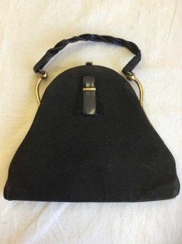 Black, Brass Metallic, Leather, Metallic/Metal, Solid, Flat Pear Shaped Handbag, Tulip Shaped Detail In Leather and Suede On Front, Brass Clasp and Unusual Hardware, Refurbished Twisty Handle-" Pendleburys Of Wigan"