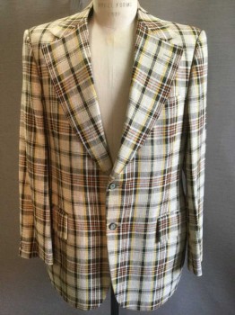 N/L, Cream, Yellow, Black, Orange, Cotton, Plaid, Single Breasted, 2 Buttons,  Collar Attached, Peaked Lapel, 3 Pockets