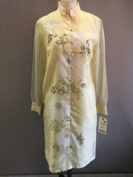 Alfred Shaheen, Yellow, White, Olive Green, Silk, Floral, Button Front, Mandarin/Nehru Collar, Long Sleeves, Sheer Sleeves, Painted Floral Print, 2 Button Cuffs, Sleeves Have Pulls And Look A Little Dingy.