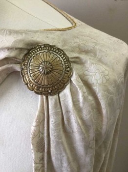 MTO, Ivory White, Gold, Silk, Floral, Made To Order, Ivory and Gold Floral Brocade, 2 Medallions at Shoulders, Gold Bullion Appliqué and Lace Around Hem, Greek/Roman Soldier Cape