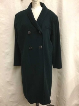 N/L, Forest Green, Wool, Solid, Double Breasted, Padded Shoulders, Shawl Lapel, Oversized Brown Plastic Buttons with Starburst Ridges, 3 Pockets, Mid Calf Length, Satin Lining,