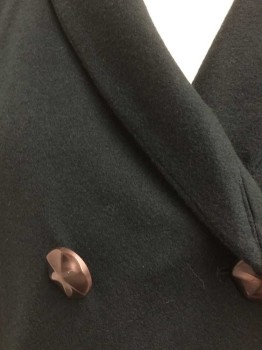 N/L, Forest Green, Wool, Solid, Double Breasted, Padded Shoulders, Shawl Lapel, Oversized Brown Plastic Buttons with Starburst Ridges, 3 Pockets, Mid Calf Length, Satin Lining,