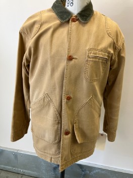 L.L.BEAN, Cotton, Caramel Canvas W/Olive Corduroy Collar, C.A., B.F., 1 Zip Pckt, 2  Waist Pckts As Flaps W/2 Add'l Pckts Underneath,  Reinforced Shoulders, Back SIde Gussets, L/S, Detachable Plaid Wool Lining, Staining On Front, Whisker Fading On Sleeves