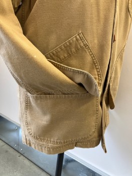 L.L.BEAN, Cotton, Caramel Canvas W/Olive Corduroy Collar, C.A., B.F., 1 Zip Pckt, 2  Waist Pckts As Flaps W/2 Add'l Pckts Underneath,  Reinforced Shoulders, Back SIde Gussets, L/S, Detachable Plaid Wool Lining, Staining On Front, Whisker Fading On Sleeves