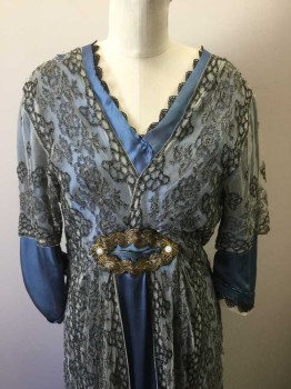 N/L, French Blue, Gray, Charcoal Gray, Gold, Silk, Floral, Solid, French Blue Silk Satin, with Gray Sheer Net with Charcoal Embroidery at Shoulders, and Hanging Panels at Sides, 3/4 Sleeve, V-neck, Gold Oval Lace Applique at Center Front Waist with White Mother of Pearl Decorative Buttons, Cream Chiffon and Black Lace Trim at Neck and Cuffs, Floor Length Hem, Made To Order **Has Some Tears in Lace, Discoloration/Fade Spots,