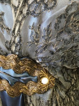 N/L, French Blue, Gray, Charcoal Gray, Gold, Silk, Floral, Solid, French Blue Silk Satin, with Gray Sheer Net with Charcoal Embroidery at Shoulders, and Hanging Panels at Sides, 3/4 Sleeve, V-neck, Gold Oval Lace Applique at Center Front Waist with White Mother of Pearl Decorative Buttons, Cream Chiffon and Black Lace Trim at Neck and Cuffs, Floor Length Hem, Made To Order **Has Some Tears in Lace, Discoloration/Fade Spots,