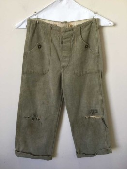 N/L, Taupe, Cotton, Boys Working Class Pants  Denim Twill. Aged  Button Fly, 3 Pockets, Cuffed, Repaired Holes at Knees. Suspender Buttons at Inner Waist