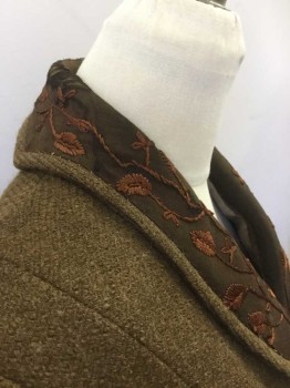 N/L, Brown, Dk Brown, Rust Orange, Wool, Silk, Solid, Button Front, 3 Buttons, Shawl Collar with Floral Embroidery, Cutaway in Front, Longer in Back, Heavy Scratchy Wool,