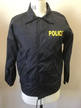 LANDMARK, Navy Blue, Yellow, Nylon, Text, Windbreaker, Snap Front, Collar Attached, Yellow "Police" on Front Lapel and on Back, 2 Welt Pocket, Drawstring Waist