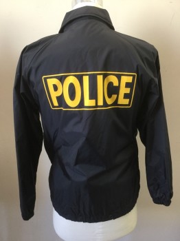 LANDMARK, Navy Blue, Yellow, Nylon, Text, Windbreaker, Snap Front, Collar Attached, Yellow "Police" on Front Lapel and on Back, 2 Welt Pocket, Drawstring Waist