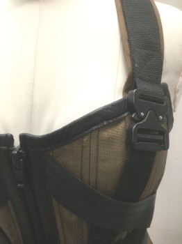N/L MTO, Brown, Black, Cotton, Nylon, Solid, Heavy Brown Canvas with Black Leather 1" Wide Trim, Black Nylon Straps Throughout, Criss Crossed 2" Wide Straps with Heavy Nylon Webbing, Zip Front, 2 Rows of Laces in Back, Boning Throughout, Steampunk,  **Separate Self BELT: Black Heavy Nylon with Metal Buckle at Front