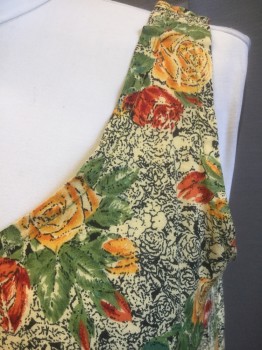 PAT YOUNG, Ecru, Red, Sage Green, Sunflower Yellow, Black, Rayon, Floral, Sleeveless with 1.5" Wide Straps, Scoop Neck, Slits at Sides at Hem,