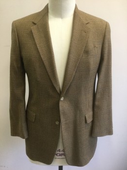 HART,SCHAFFNER&MARX, Caramel Brown, Brown, Dk Gray, Wool, Glen Plaid, Single Breasted, Notched Lapel, 2 Buttons, 3 Pockets, Beige Lining,