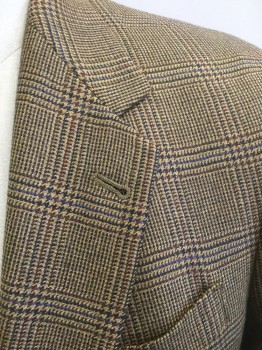 HART,SCHAFFNER&MARX, Caramel Brown, Brown, Dk Gray, Wool, Glen Plaid, Single Breasted, Notched Lapel, 2 Buttons, 3 Pockets, Beige Lining,