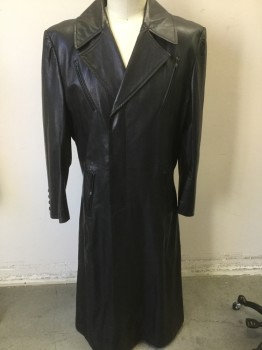 NL, Black, Leather, Polyester, Solid, Pebbled Black Leather, Peaked Lapel, Hidden Placket, Zipper Slit Pockets, Red Poly Satin Lining, Long Back Slit with Buttons