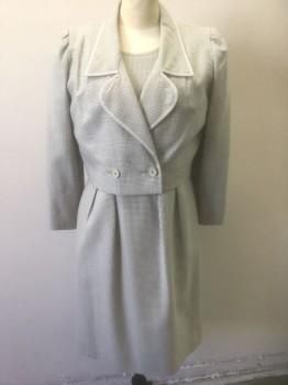 N/L, Gray, Lt Gray, Wool, Houndstooth, Short Sleeves, Scoop Neck with Gray Grosgrain Edging/Trim, Sheath, Princess Seams, Double Pleats at Waist, Knee Length, Slightly Padded Shoulders, Retro 1980's Does 1960's