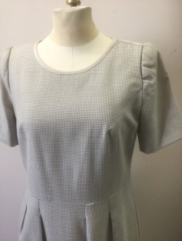 N/L, Gray, Lt Gray, Wool, Houndstooth, Short Sleeves, Scoop Neck with Gray Grosgrain Edging/Trim, Sheath, Princess Seams, Double Pleats at Waist, Knee Length, Slightly Padded Shoulders, Retro 1980's Does 1960's
