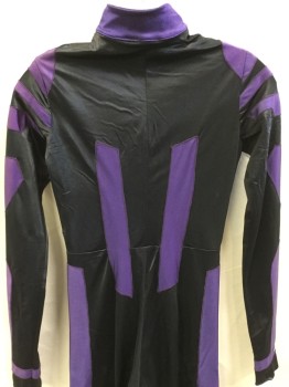 MTO, Purple, Black, Polyester, Spandex, Color Blocking, Abstract , Purple with Black Abstract Color Block Design, Mock Collar Attached, Zip Front, Long Sleeves,