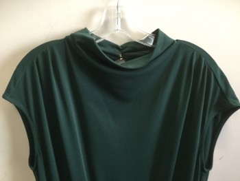 JENNIFER LOPEZ, Forest Green, Polyester, Elastane, Solid, High  Crew Neck, Over Lap Key Hole with 2 Small Gold Button Back, 1.25" Elastic Waistband, 2 Pleat Front, 2 Side Pocket Front, Cap Sleeves,