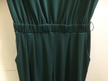 JENNIFER LOPEZ, Forest Green, Polyester, Elastane, Solid, High  Crew Neck, Over Lap Key Hole with 2 Small Gold Button Back, 1.25" Elastic Waistband, 2 Pleat Front, 2 Side Pocket Front, Cap Sleeves,