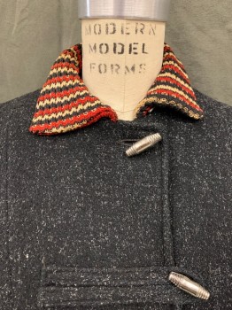 N/L, Black, Wool, Heathered, Silver Toggle/Loop, Black/Brick Red/Cream Stripe Ribbed Knit Collar and Pocket Trim, 2 Pockets, Toggle Loop Cuff Detail, Zip on Collar with No Hood,