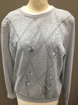 ALFRED DUNNER, Gray, White, Cotton, Polyester, Diamonds, Floral, Diamond Quilted Front, W/Roses & Vines Embroidery W/Tiny Silver Rhinestones, Pullover, Long Sleeves, White Ribbed Underlayer At Crew Neck, Shoulder Pads