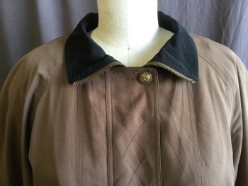BRAETAN, Lt Brown, Black, Polyester, Nylon, Solid, Light Brown with Blacking Lining, Collar Attached with Black Inside, Diamond Stitches Work Detail Front Placket, Zip Front and Large Brown with Gold in the Middle Button Front, 2 Large Pocket with Flap & Matching Button, Raglan Long Sleeves, Chevron Flap Back with Same Button, Self D-string Hem