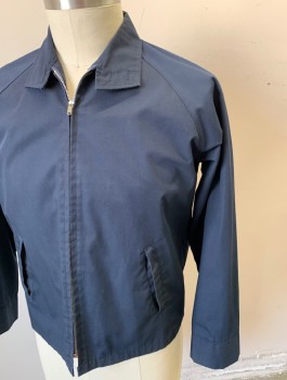 N/L, Navy Blue, Cotton, Solid, Zip Front, Stand Collar Attached, Raglan Sleeves, 2 Welt Pockets, Scallopped Yoke at Back Shoulders, Auto Racing