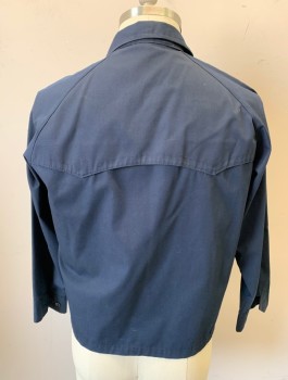 N/L, Navy Blue, Cotton, Solid, Zip Front, Stand Collar Attached, Raglan Sleeves, 2 Welt Pockets, Scallopped Yoke at Back Shoulders, Auto Racing