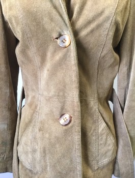 GENUINE LEATHER, Caramel Brown, Suede, Solid, 2 Buttons,  Collar Attached, Princess Seams, 2 Slanted Front Pockets at Hip, Vertically Pleated Detail in Back, Self Belt Attached at Sides, Peach Lining,