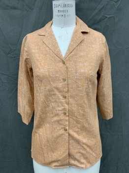 N/L, Lt Brown, White, Cotton, Print of a Woven Fabric, Button Front, Collar Attached, 3/4 Sleeve,