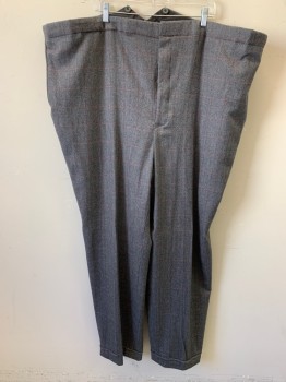 MARK COSTELLO, Gray, Dk Gray, Red, Red Burgundy, Wool, Herringbone, Grid , Button Front, Suspender Buttons, 2 Pockets, Slit Back Waistband, Cuffed