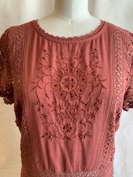 ABERCROMBIE & FITCH, Burnt Orange, Cotton, Floral, Leaves/Vines , Scoop Neck, Crochet See Through Panels & Sleeves. Eyelet Floral Detail at Center Front, Button Back, Short Sleeves