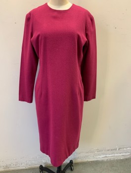 N/L MTO, Magenta Pink, Wool, Solid, Long Sleeves, Round Neck, Darts at Waist, Minimalist Sheath, Knee Length, Center Back Zipper,  Made To Order