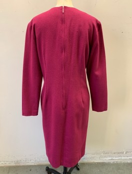 N/L MTO, Magenta Pink, Wool, Solid, Long Sleeves, Round Neck, Darts at Waist, Minimalist Sheath, Knee Length, Center Back Zipper,  Made To Order