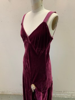 GHOST, Red Burgundy, Viscose, Silk, Solid, Velour, 1" Wide Silk Chiffon Straps, Surplice V-neck, Empire Waist, Large Brooch at Knee Level with Silver Rhinestones in Gold Setting, Fabric Hiked Up Around It to Form Slit, Floor Length