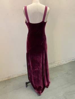 GHOST, Red Burgundy, Viscose, Silk, Solid, Velour, 1" Wide Silk Chiffon Straps, Surplice V-neck, Empire Waist, Large Brooch at Knee Level with Silver Rhinestones in Gold Setting, Fabric Hiked Up Around It to Form Slit, Floor Length