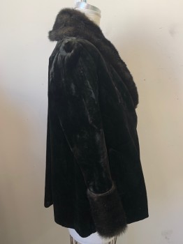 N/L, Black, Dk Brown, Synthetic, Solid, Single Breasted, 2 Buttons,  2 Pockets, Large Faux Fur Collar & Cuffs, Velvet Worn Away in a Couple Spots See Detail Photo, Wild Gray & Pink Lining