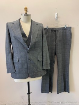 NO LABEL, Black, White, Blue, Wool, Glen Plaid, Notched Lapel, Single Breasted, Button Front, 2 Buttons, 3 Pockets