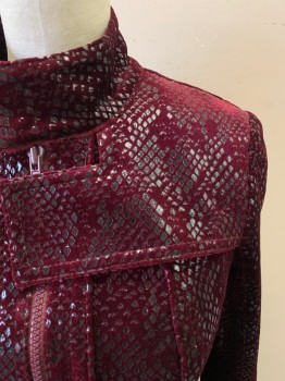 MTO, Maroon Red, Black, Polyester, Synthetic, Reptile/Snakeskin, Jacket, Zip Front, Mock Neck, Snap Cuffs