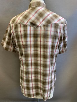 ELY CATTLEMAN, Brown, White, Red, Poly/Cotton, Plaid-  Windowpane, S/S, Snap Front, Collar Attached, Western Style Yoke, 2 Patch Pockets with Flaps