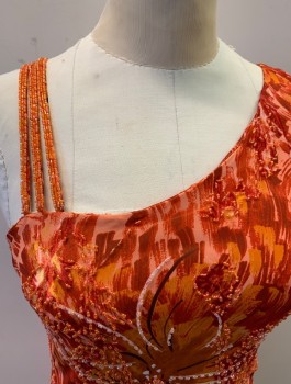 SUE WONG, Orange, Dk Red, White, Peach Orange, Rayon, Silk, Abstract , Abstract with Floral Pink and White Beading, Multi Strap Beaded One Shoulder, Solid Other Shoulder, Side Zip, Asymmetrical Panelled Hem