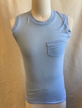 ROYAL FIRST CLASS, Lt Blue, Poly/Cotton, Solid, Jersey, Crew Neck, Sleeveless, 1 Patch Pocket, Lightly Pilled,