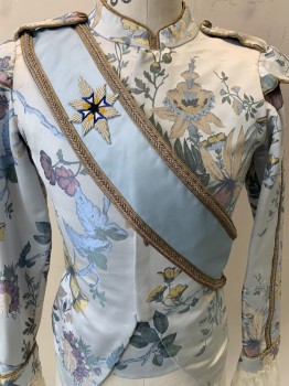 Trish Summerville, Baby Blue, Gold, Green, Polyester, Cotton, Floral, Sash, Gold Trim, Embroiderred Star, Attached to Jacket,