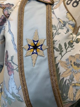 Trish Summerville, Baby Blue, Gold, Green, Polyester, Cotton, Floral, Sash, Gold Trim, Embroiderred Star, Attached to Jacket,